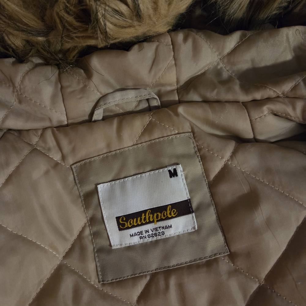 Y2K South Pole Women's Tan Bomber Puffer Jacket with Faux Fur Zip Hood - Picture 3 of 6